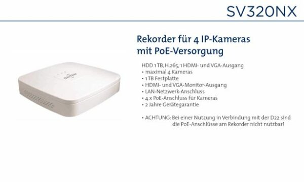 Daitem SV320NX Recorder für 4 Kameras, PoE, HDD 1Tb