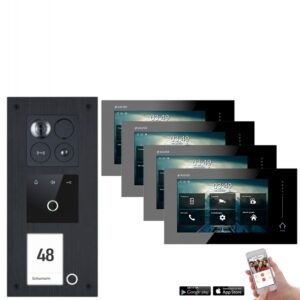 Balter ERA Video Sprechanlage mit Fingerprint für 1 Familienhaus mit 4x 7" Monitor (Innenstation Farbe: Schwarz / Türstation Farbe : Silber / RFID Schlüssel: 20)